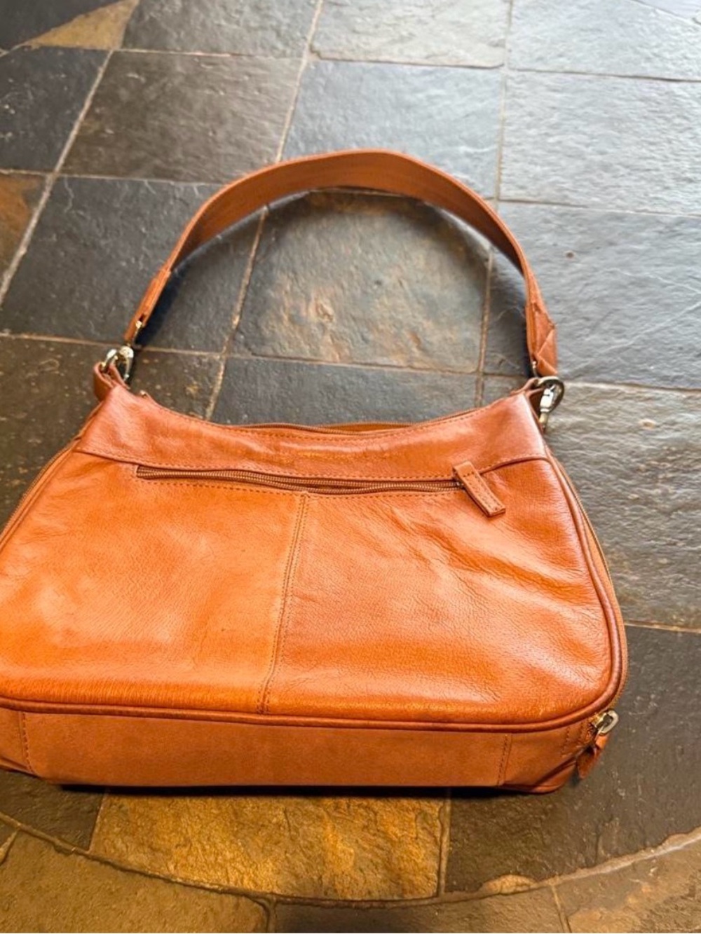 Tan Leather Shoulder Bag with Front Zip Pocket